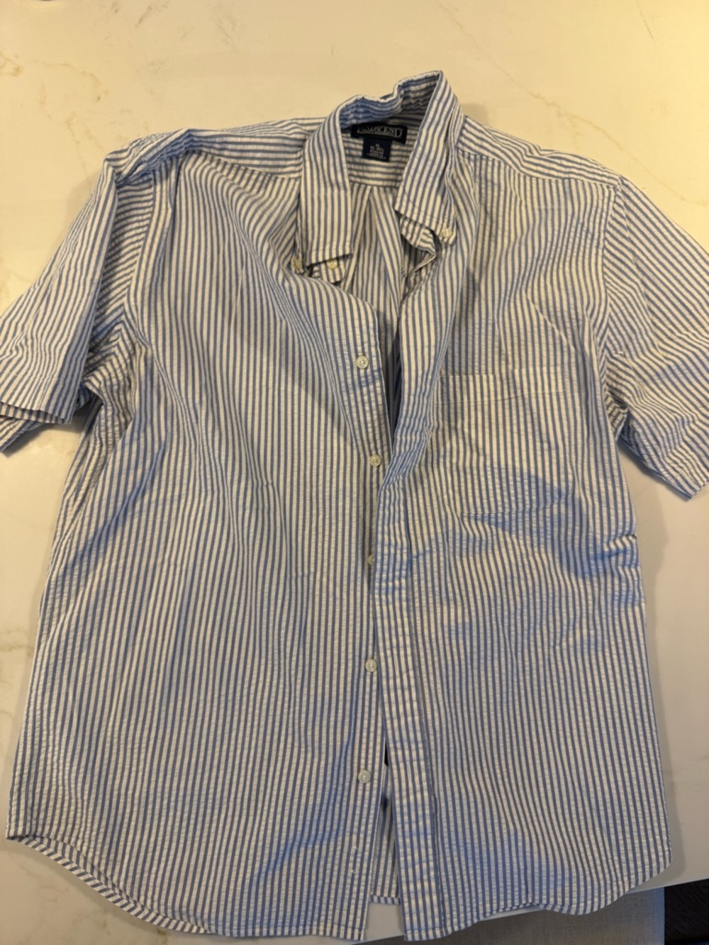 Lands' End Blue and White Striped Short-Sleeve Button-Down Shirt